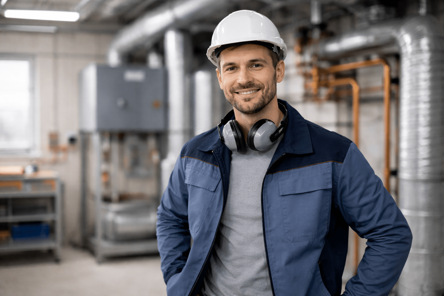 Mann trägt Schutzhelm und Kopfhörer, steht in einer technischen oder industriellen Umgebung.