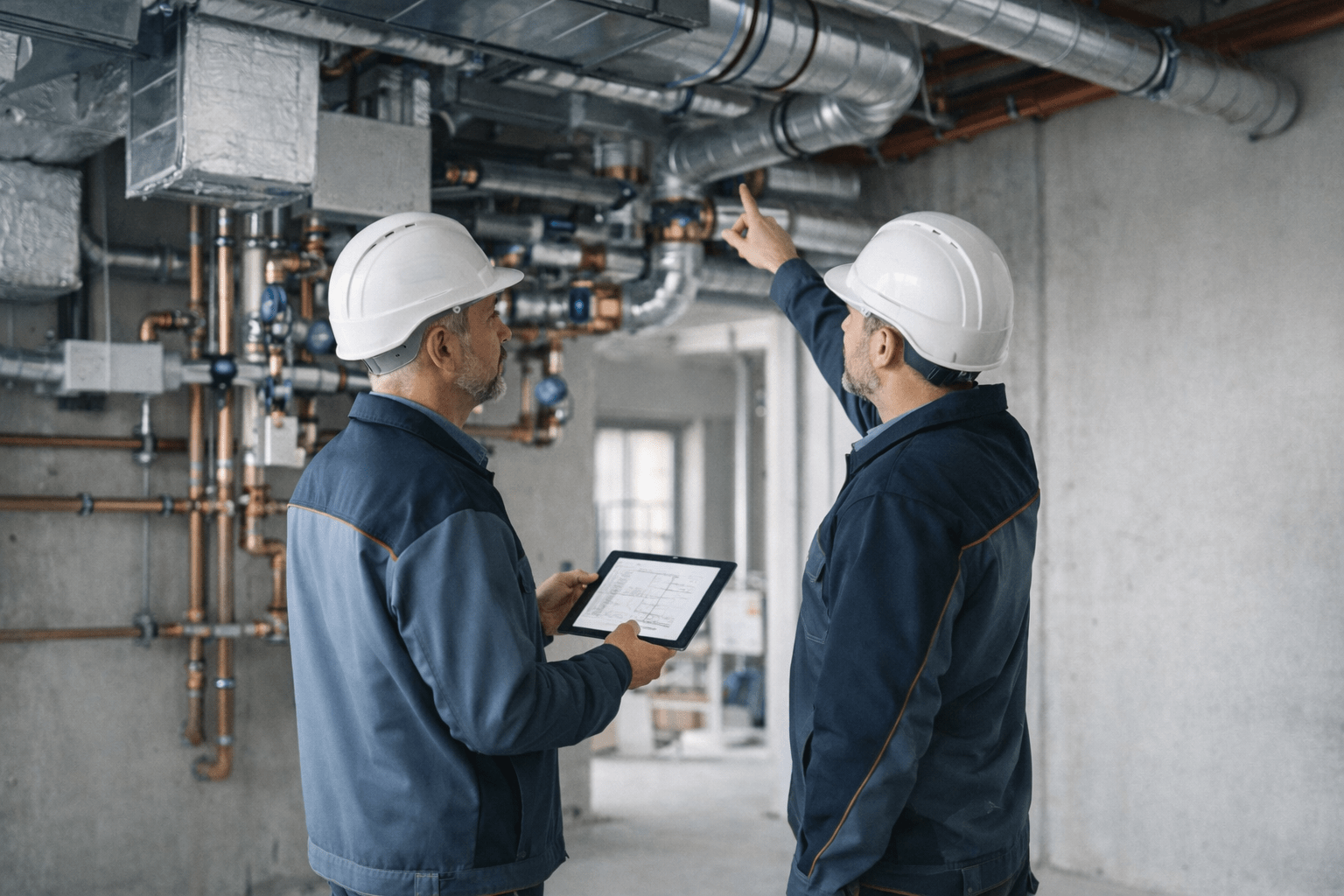 Zwei Gebäudetechniker in Schutzhelmen und blauen Jacken besprechen eine Rohrleitungssystem in einem Industriebereich, einer hält ein Tablet, während der andere auf die Rohrleitungen zeigt.