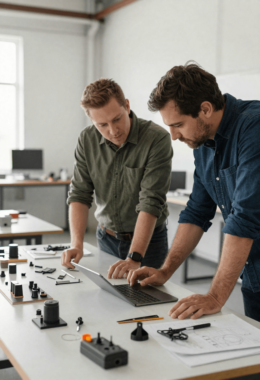 Zwei Gebäudetechniker (männlich) besprechen etwas an einem Laptop