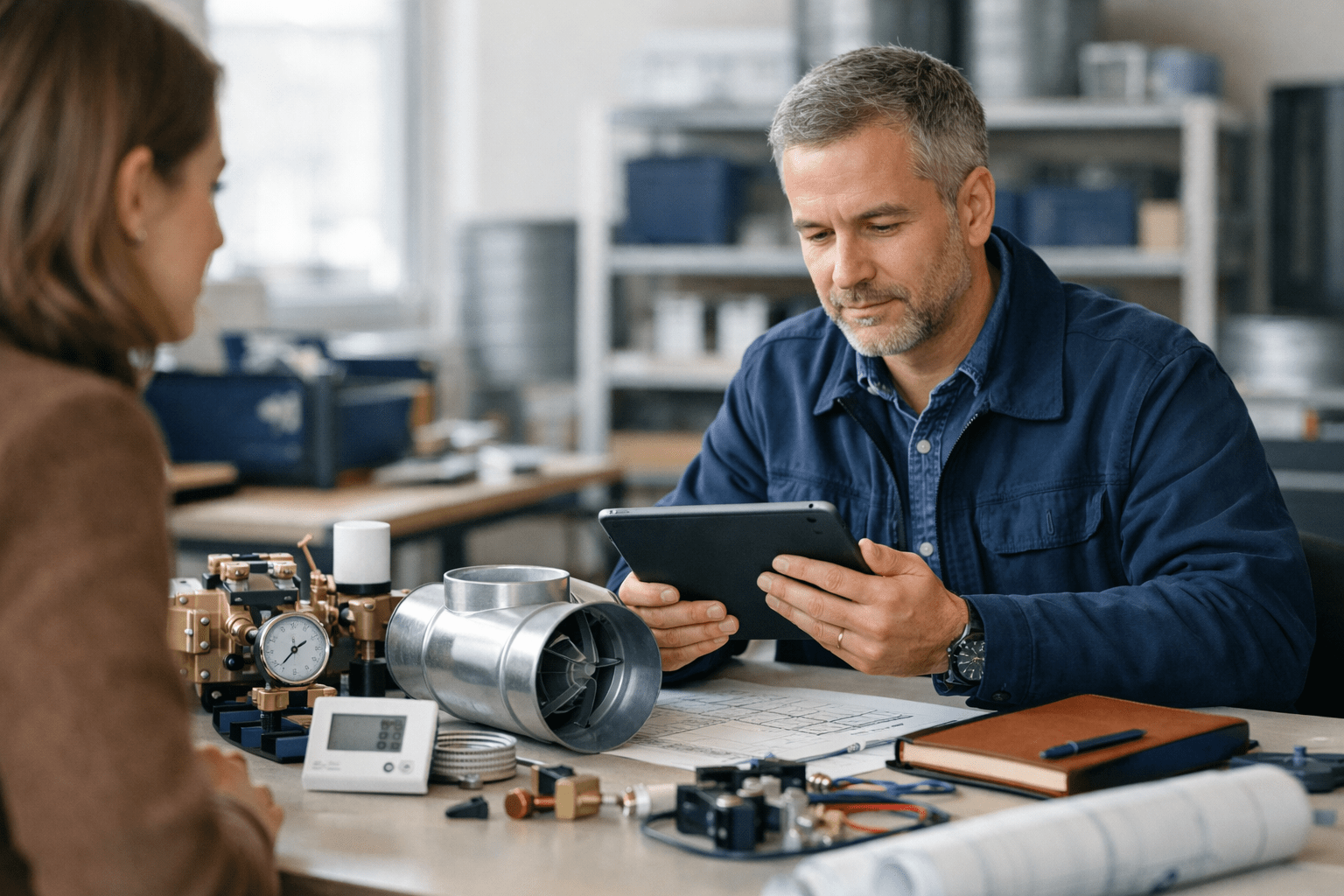 Zwei männliche Gebäudetechniker arbeiten in einem technischen Labor, der Mann hält ein Tablet, auf dem sie vermutlich etwas besprechen. Der Tisch ist mit technischen Komponenten, Messgeräten, Papieren und Notizbüchern bedeckt.