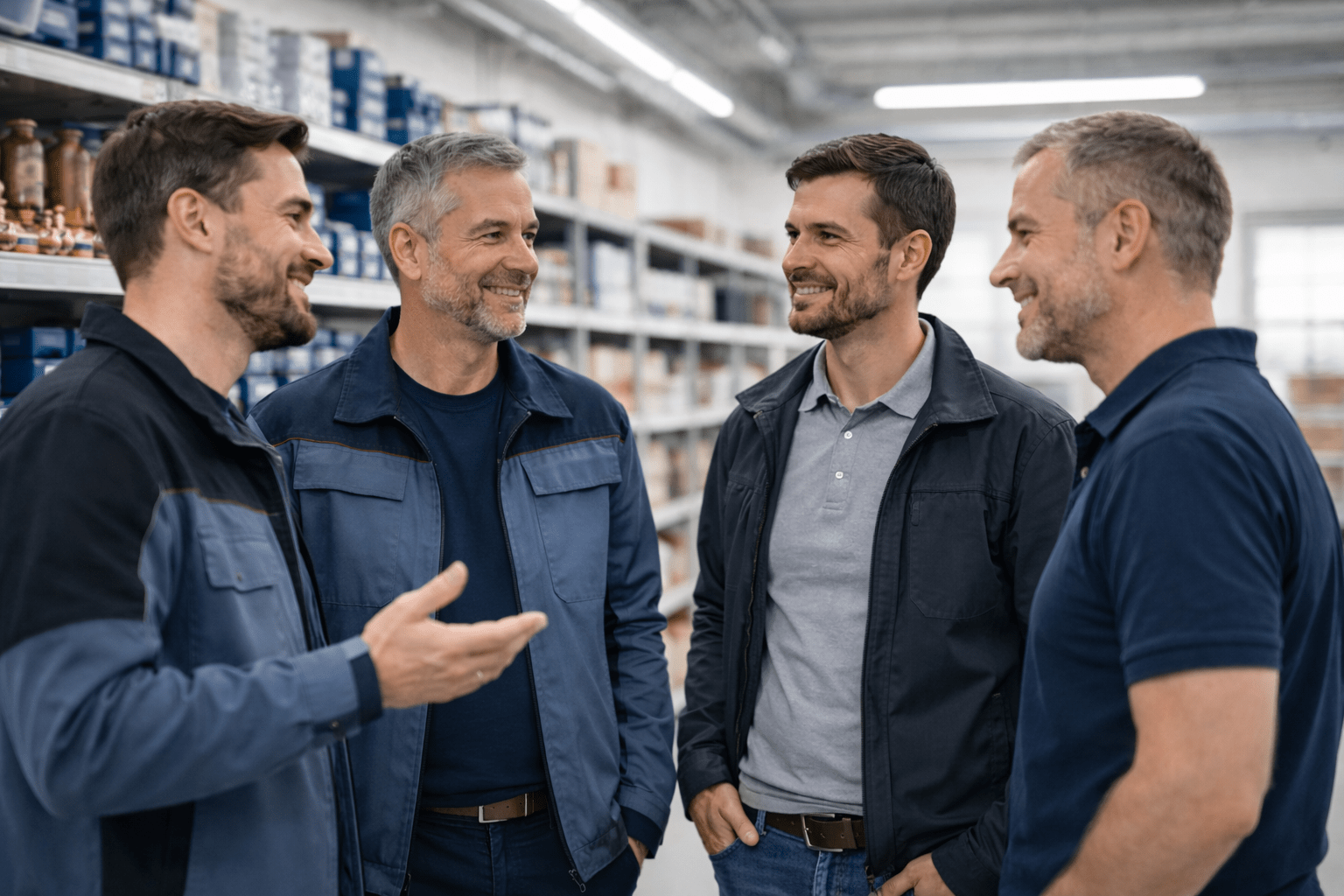 Vier männliche Gebäudetechniker sprechen in einem Lagerregal mit Regalen im Hintergrund.