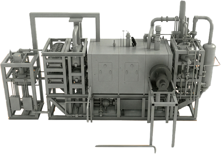 Industrial machinery with various pipes, tanks, and control panels, possibly used for manufacturing or processing.