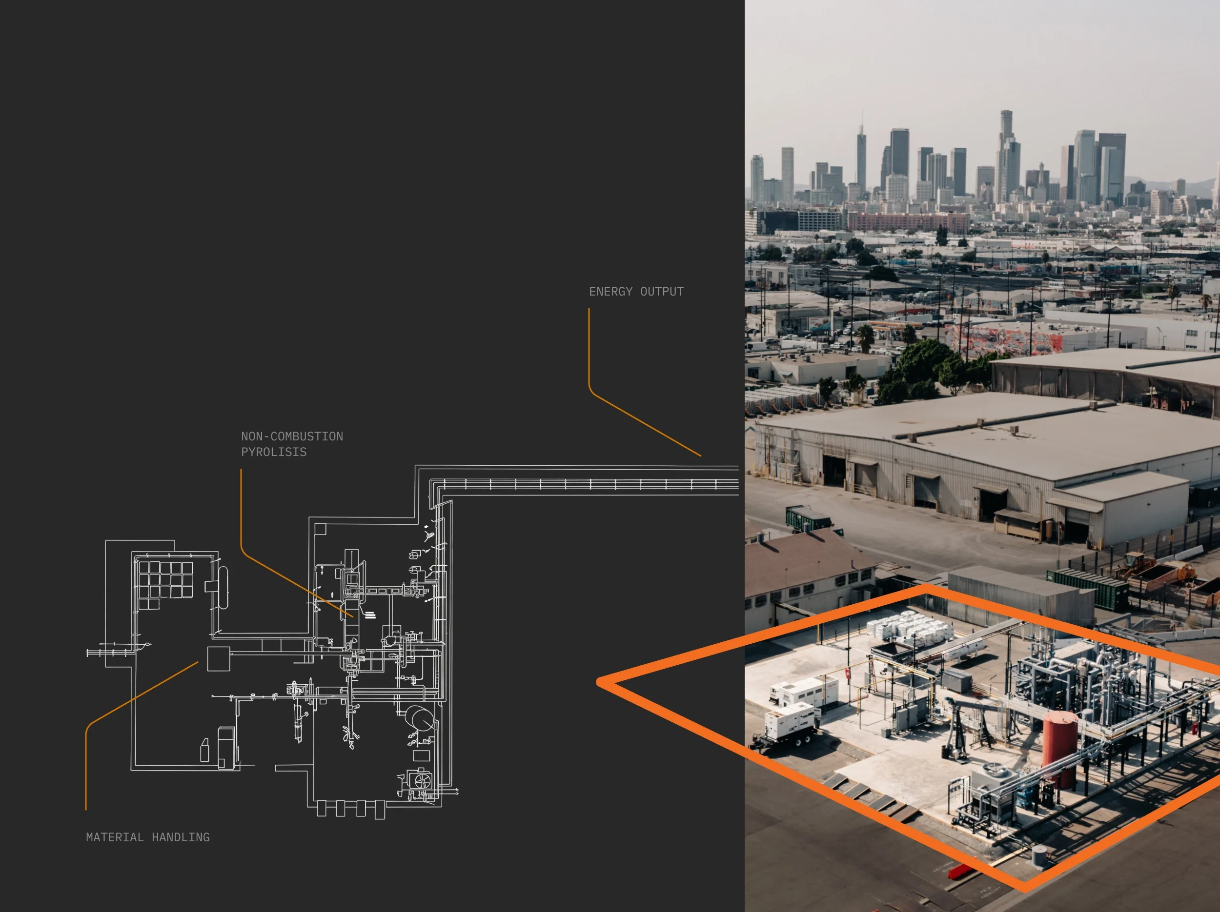 Diagram of industrial processing equipment overlaid on an aerial view of an industrial facility with a city skyline in the background.