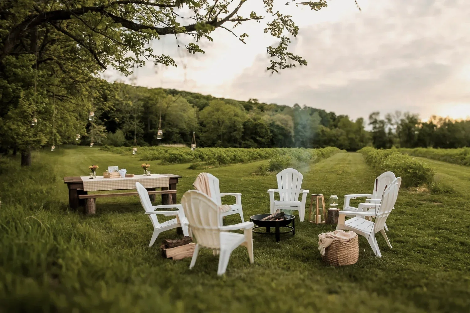 Charming picnic site with harvest table and firepit