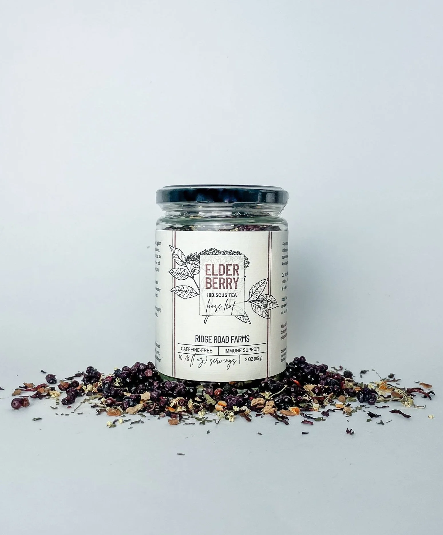 Jar of elder-hibiscus loose leaf tea