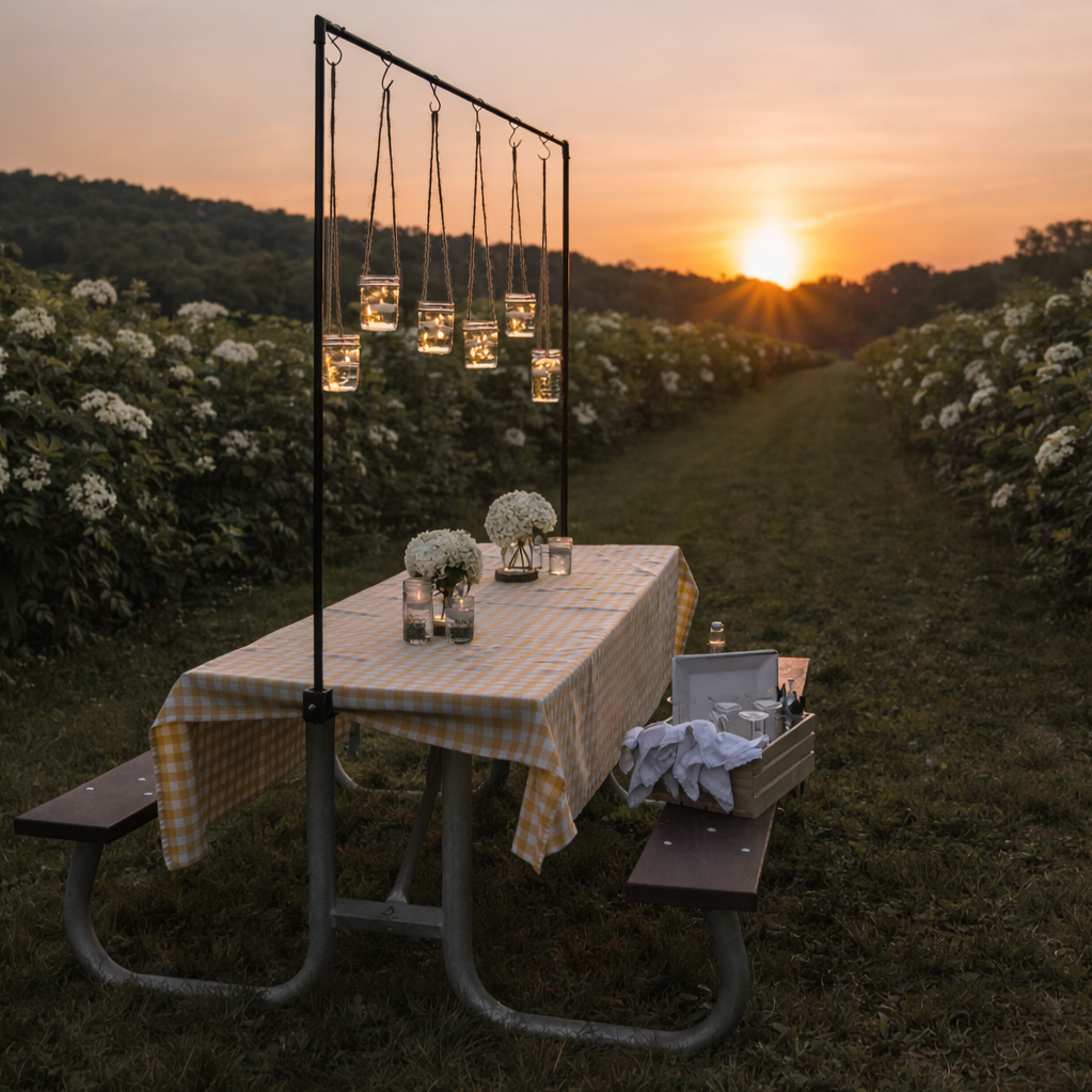 Charming picnic table setting in elderflower field