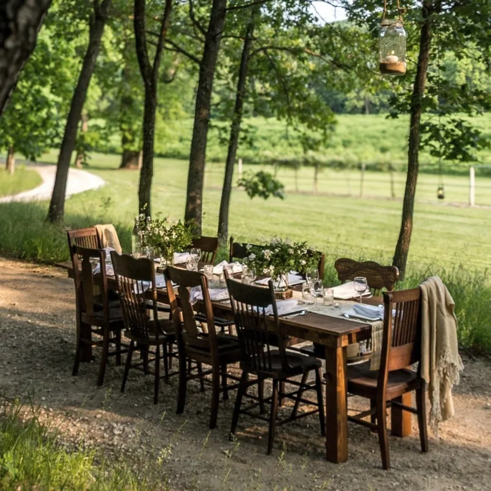 Harvest table setting overlooking elderflower field
