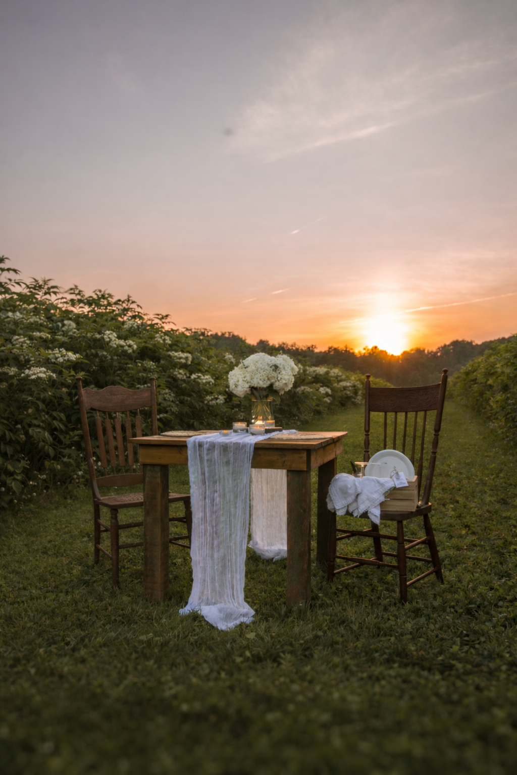 Romantic table setting in elderflower field