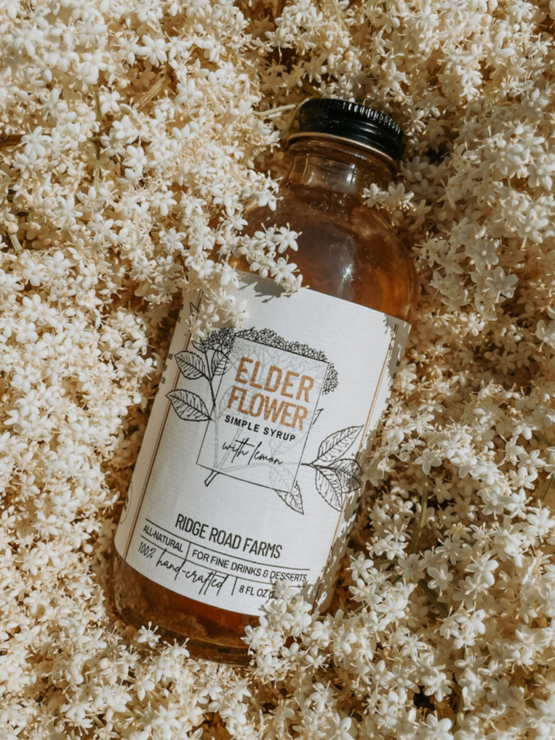 Bottle of elderflower syrup in fresh elderflowers