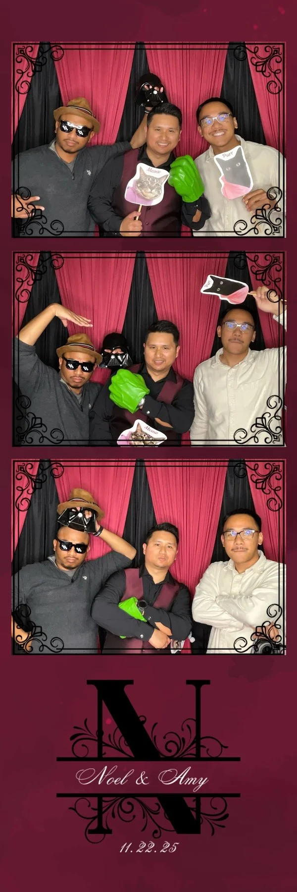 Photo booth fun wedding event custom props custom backdrop black red custom layout print digital boomerang gif options customizable photos