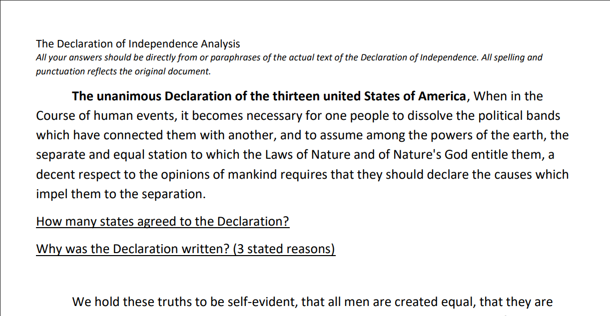 Declaration of Independence Analysis Worksheet