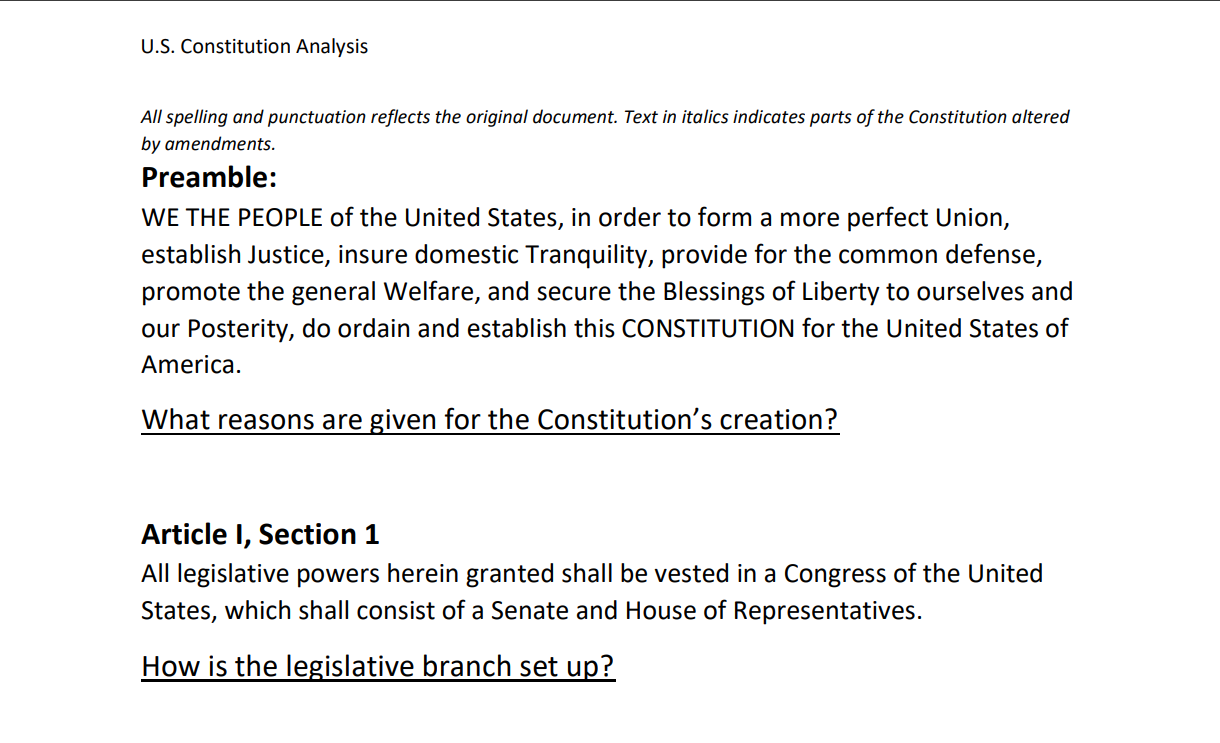 U.S. Constitution Analysis Worksheet