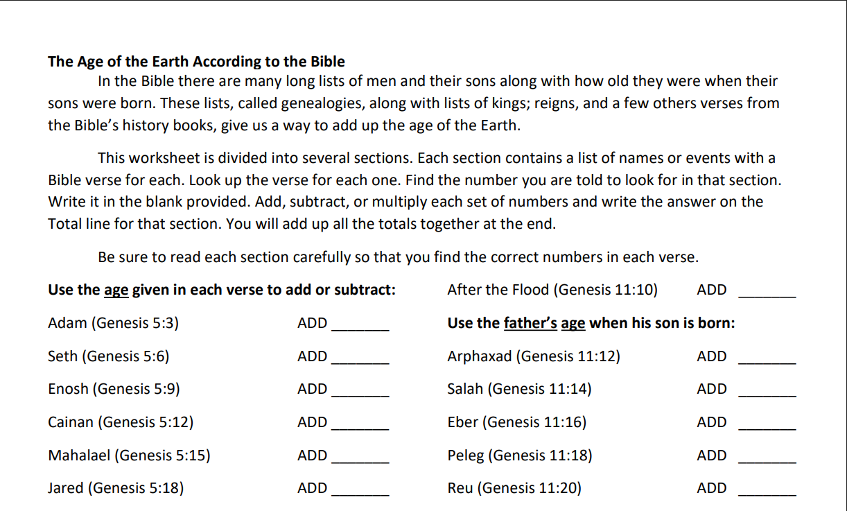 The Age of the Earth According to the Bible Activity