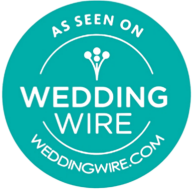 A teal circular badge with white text that reads "As Seen on Wedding Wire" and "Weddingwire.com," indicating accolade or recognition from Wedding Wire.
