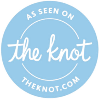 Light blue circular sticker with white text reading "As seen on the knot" and the website URL theknot.com.