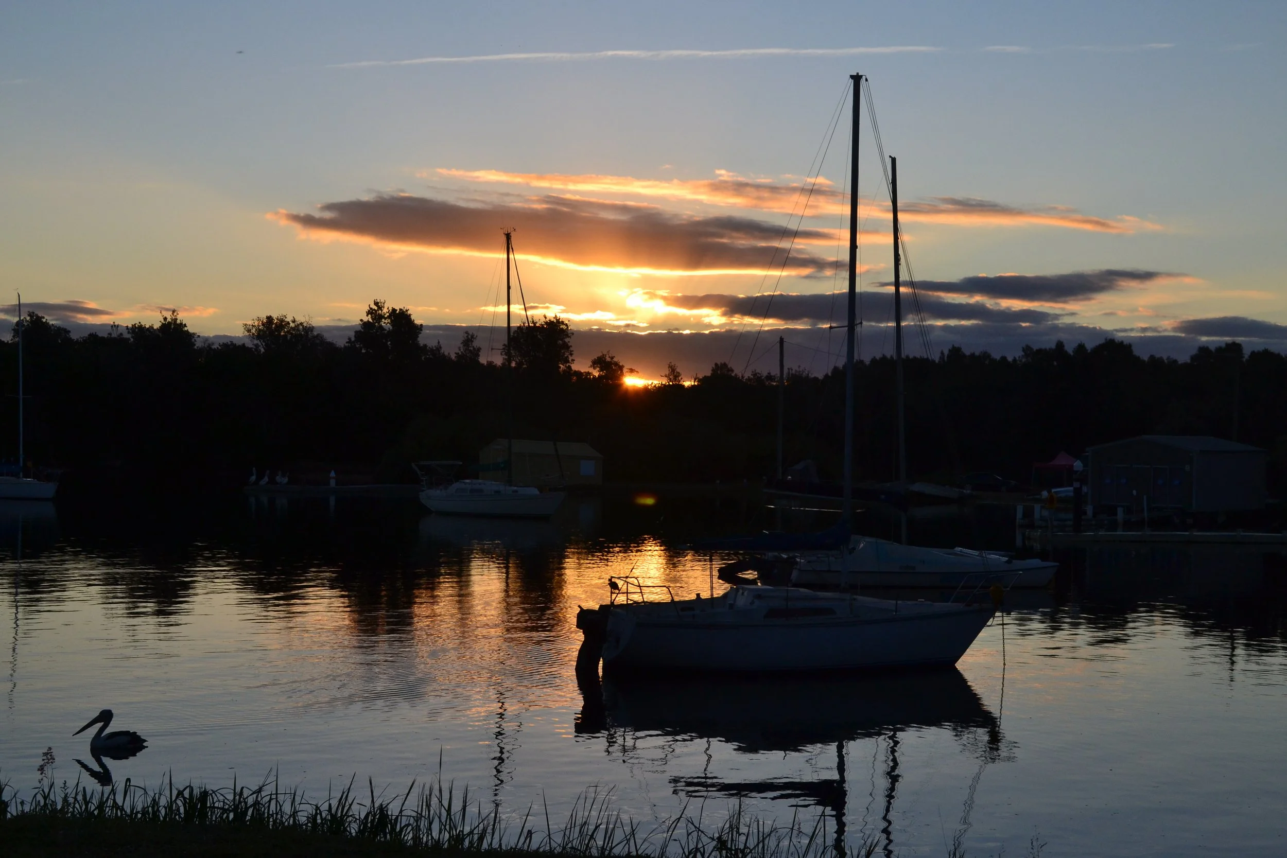 Sailboats anchored in a calm harbor at sunset with a partly cloudy sky and a heron near the water's edge.