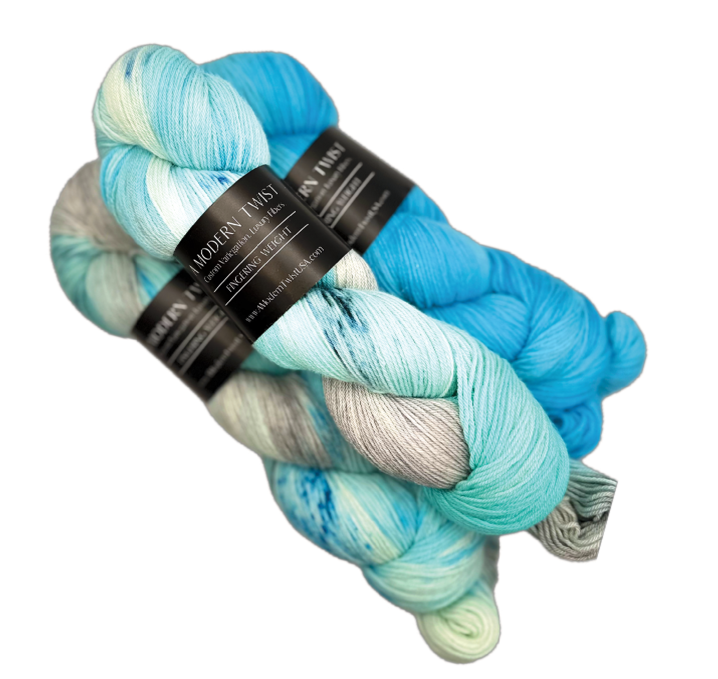 Two skeins of multicolored yarn labeled Modern Twist, hand dyed in shades of blue, green, and cream, twisted into skeins against a white background.