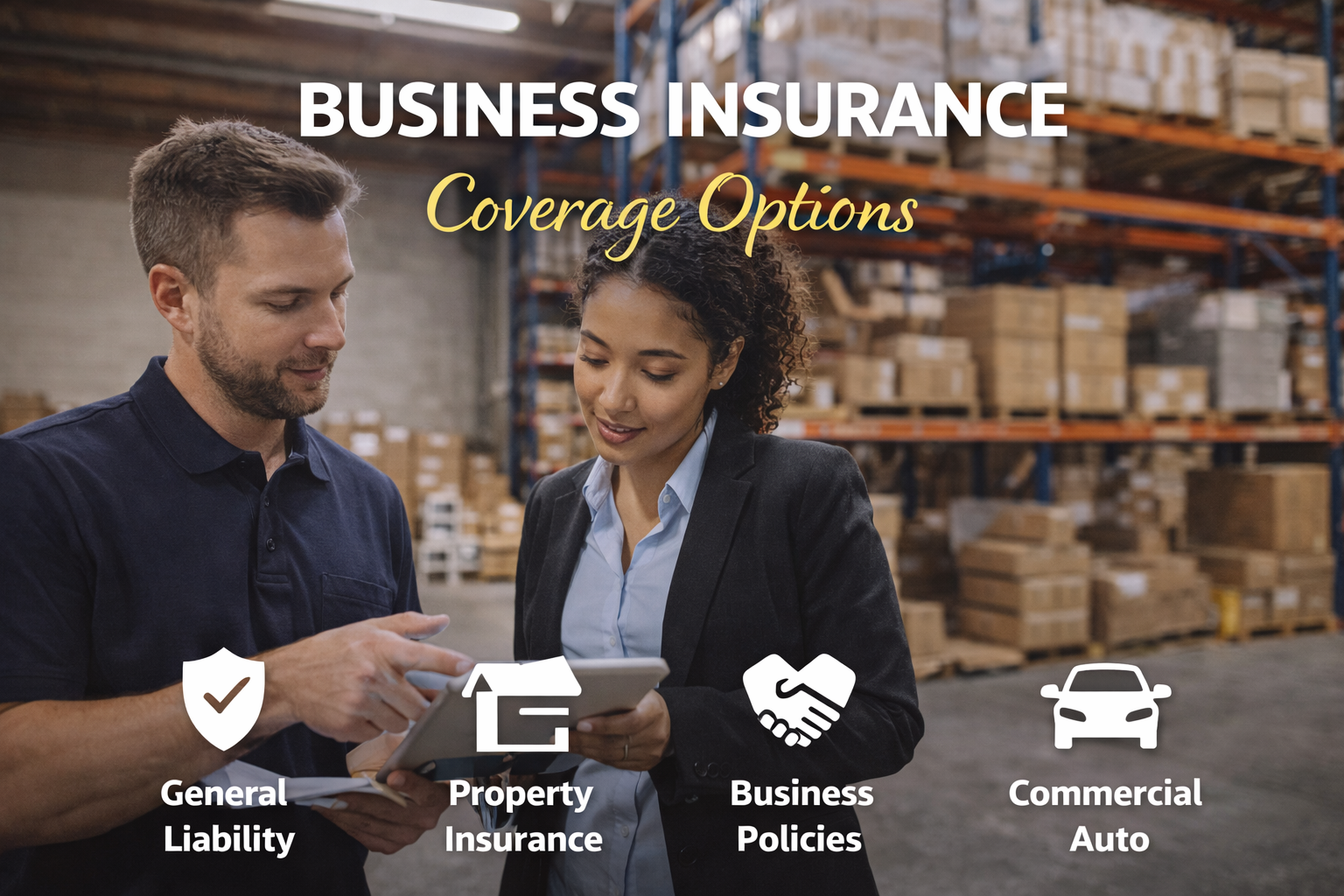 Two people discussing in a warehouse, overlaid text about business insurance coverage options, icons representing liability, property insurance, business policies, and commercial auto.