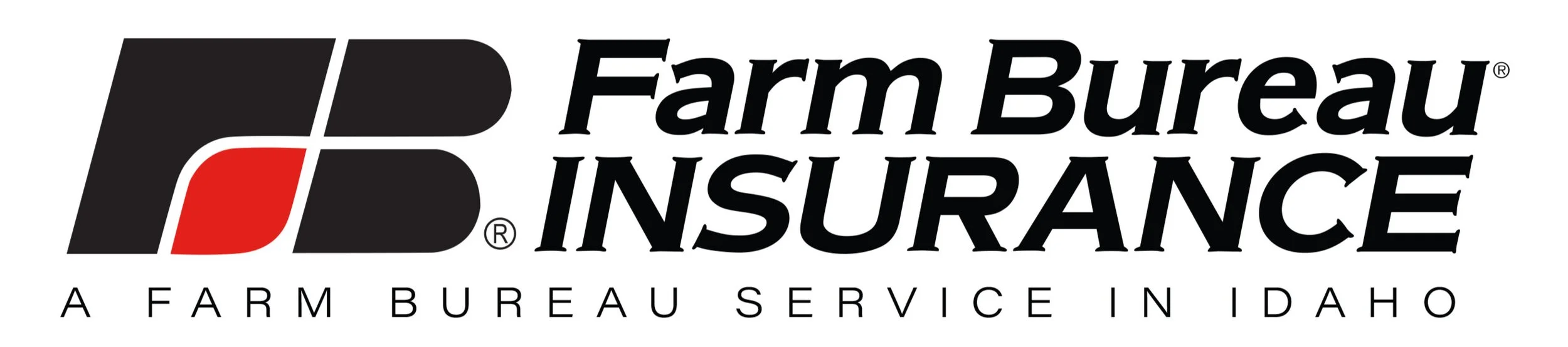 Farm Bureau Insurance logo with black, red, and white design and text 'Farm Bureau Insurance' and 'A Farm Bureau Service in Idaho'