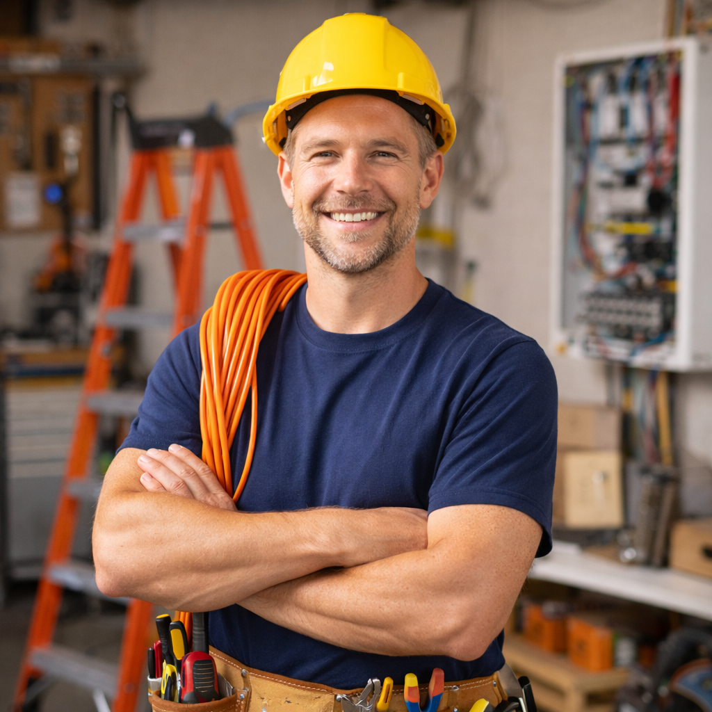 A smiling male electrician in a blue t-shirt and a yellow hard hat stands with arms crossed in a workshop. He has a tool belt with various tools and an orange extension cord draped over his shoulder. The background features shelves with equipment and an orange ladder.