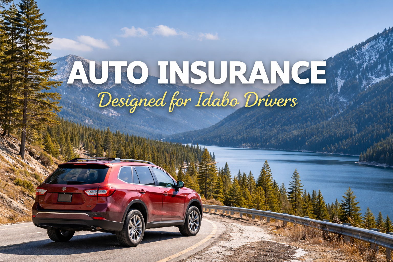 A red SUV parked on a mountain road overlooking a lake, surrounded by pine trees and mountains under a partly cloudy sky.