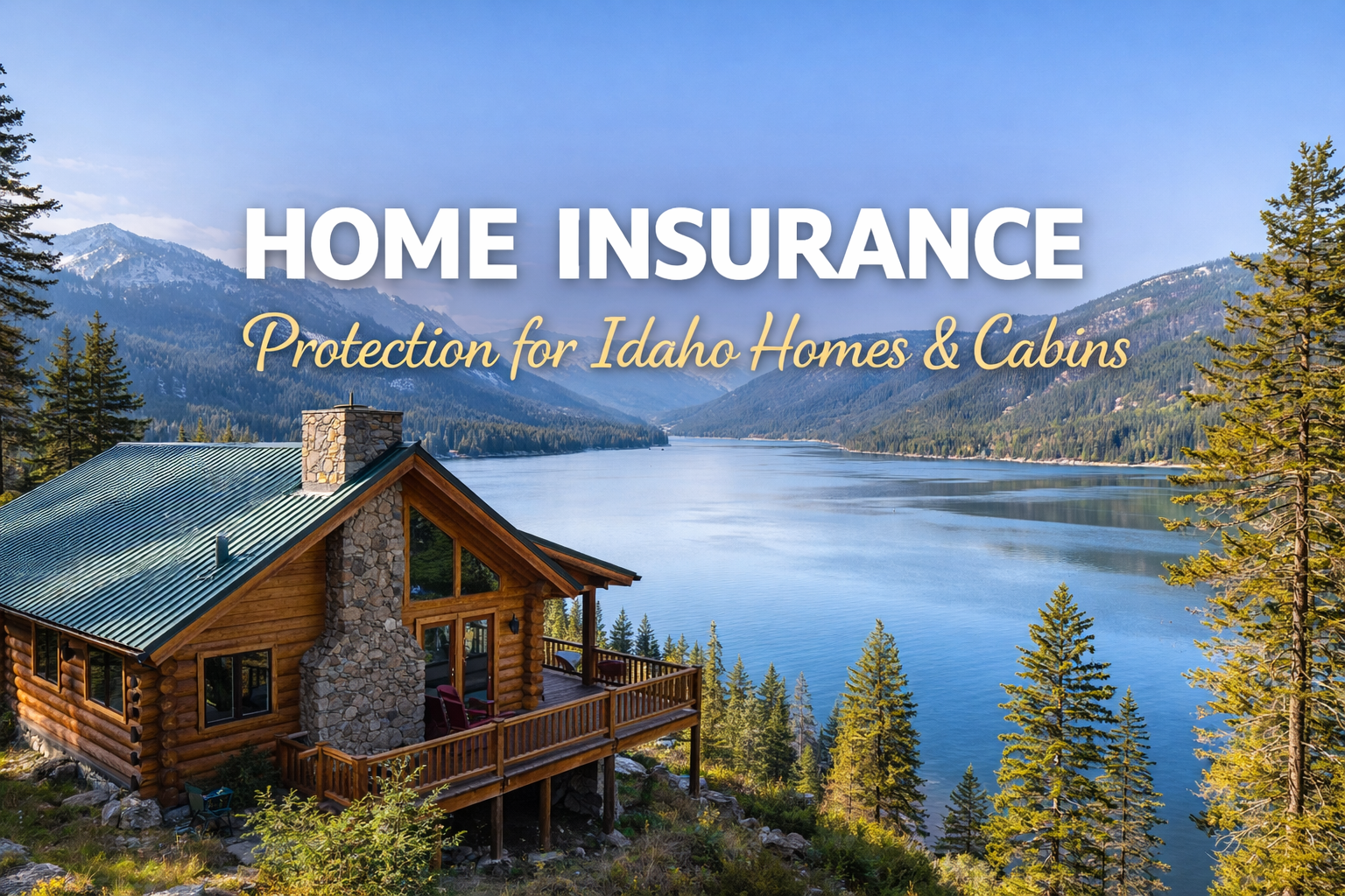 A scenic view of a log cabin by a lake surrounded by pine trees and mountains, with overlay text reading 'Home Insurance' and 'Protection for Idaho Homes & Cabins'.