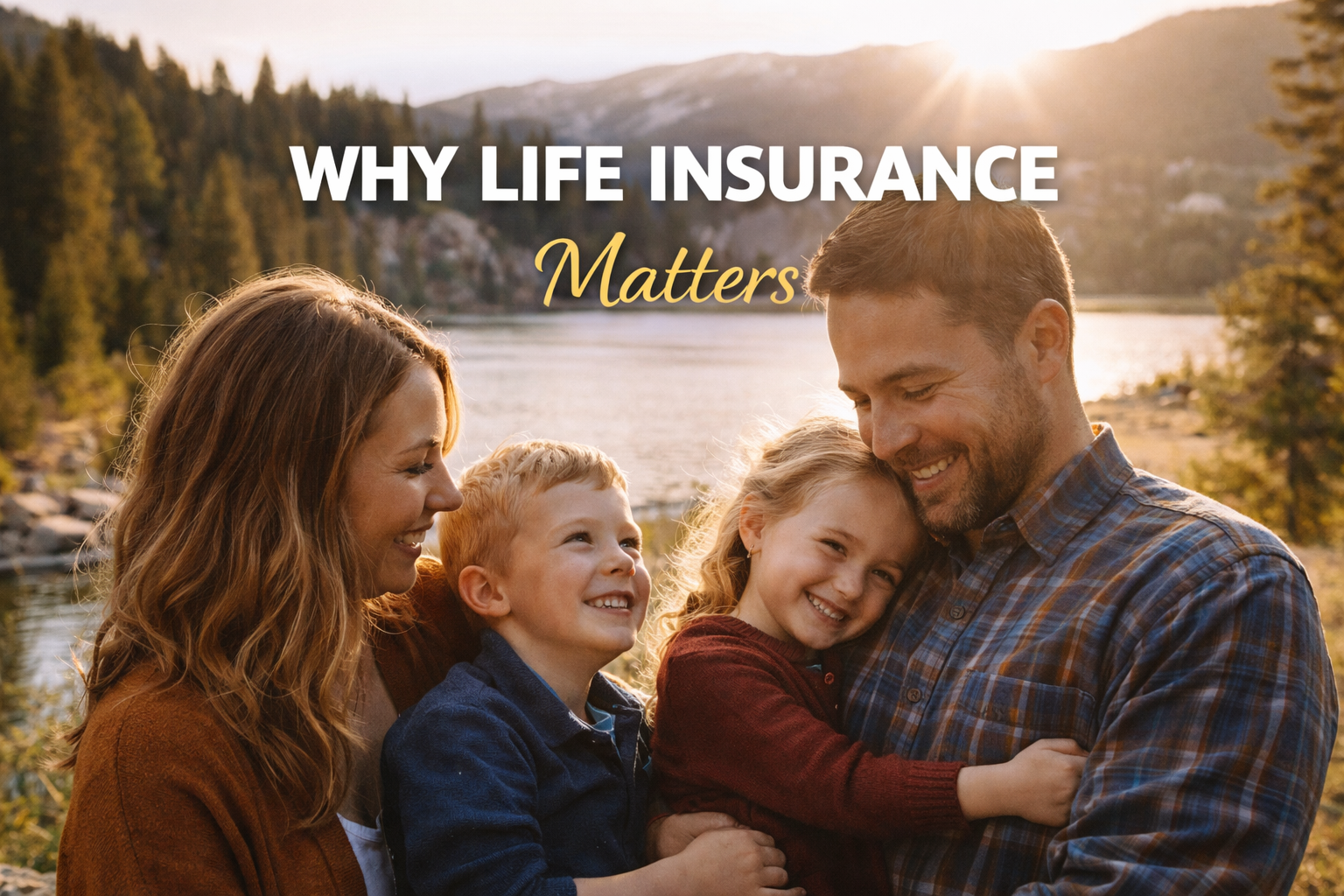 Family of four smiling and hugging outdoors near a lake at sunset, with mountains and trees in the background, promoting life insurance.