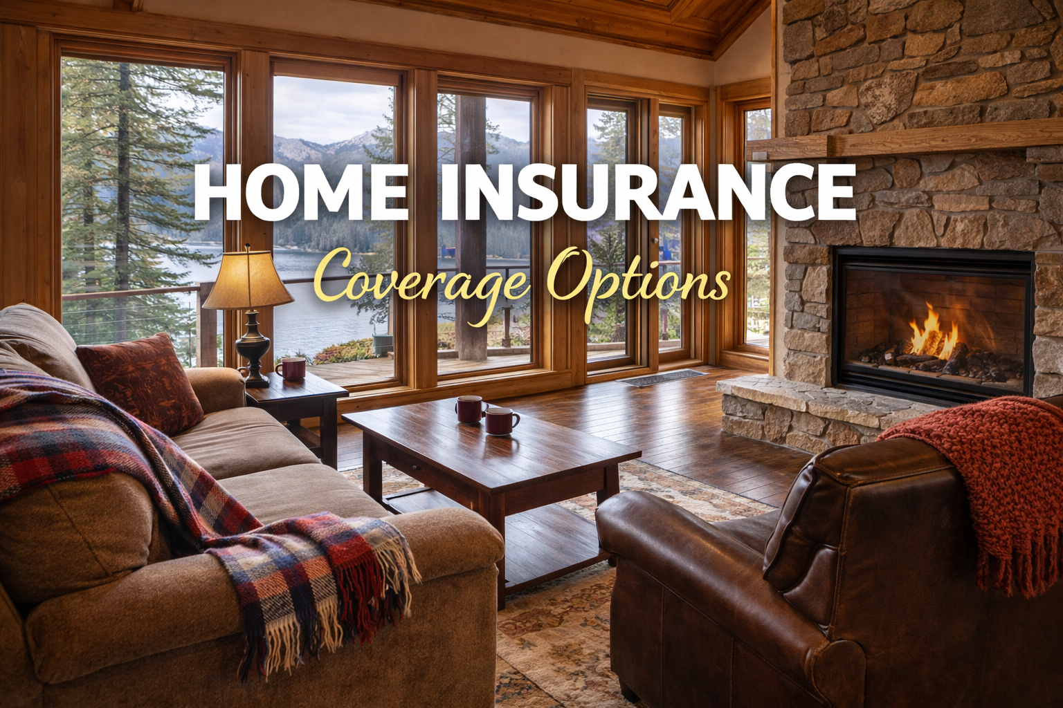 Cozy living room with large windows showing a lake and mountains, a stone fireplace with a fire, a beige sofa with plaid throw, a leather armchair, and a wooden coffee table with mugs.