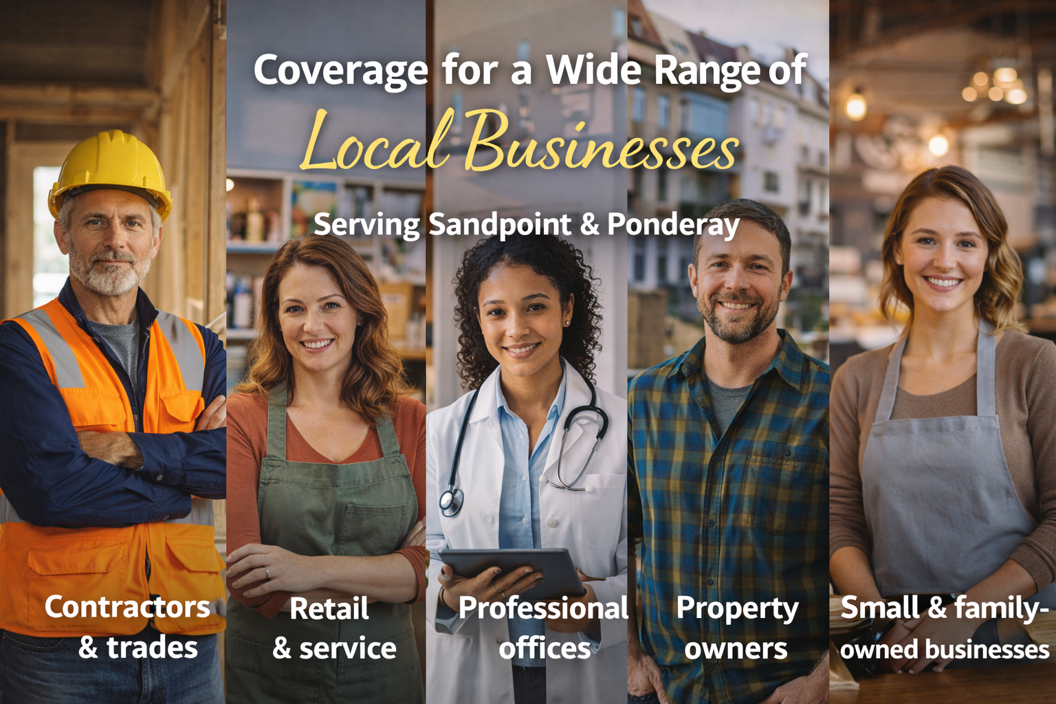 Group photo of diverse professionals including a construction worker, retail worker, healthcare professional, property owner, and small business owner, with text overlay about coverage for local businesses in Sandpoint and Ponderay.