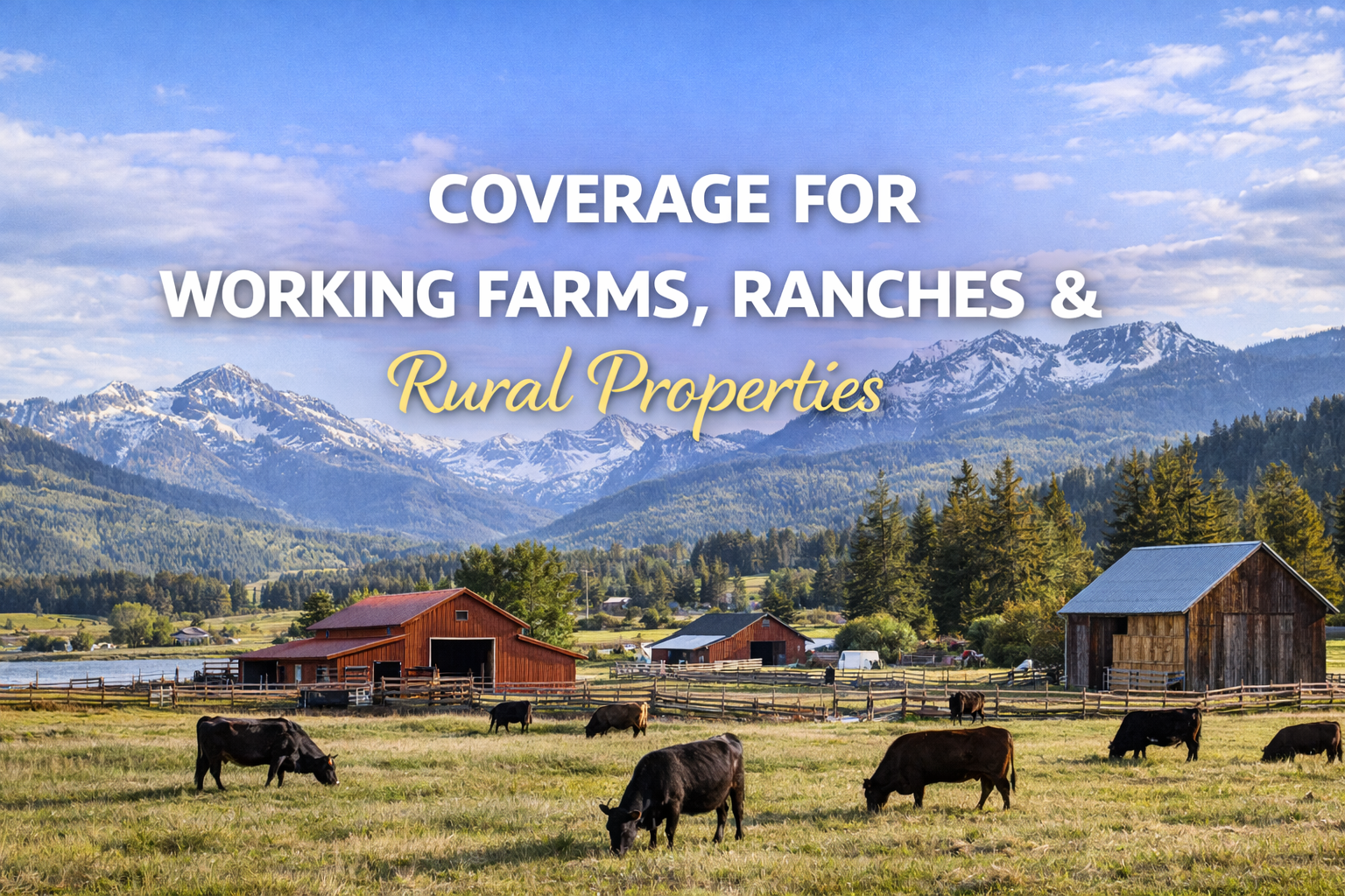 Landscape of an open farm with cows grazing, wooden barns, green fields, and a mountain range in the background under a blue sky with scattered clouds.
