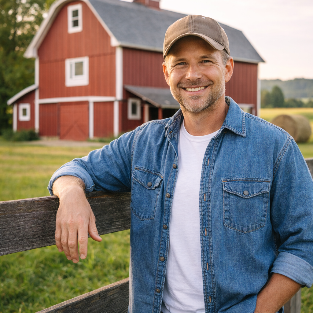 A smiling man wearing a khaki baseball cap, white t-shirt, and denim shirt leaning on a wooden fence in front of a red barn with white trim and a black roof, set in a rural landscape with green fields and trees.