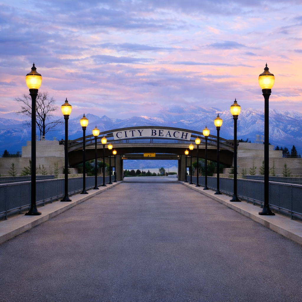 View of City Beach entrance with street lamps, snow-capped mountains in the background, and a partly cloudy sky at dusk.