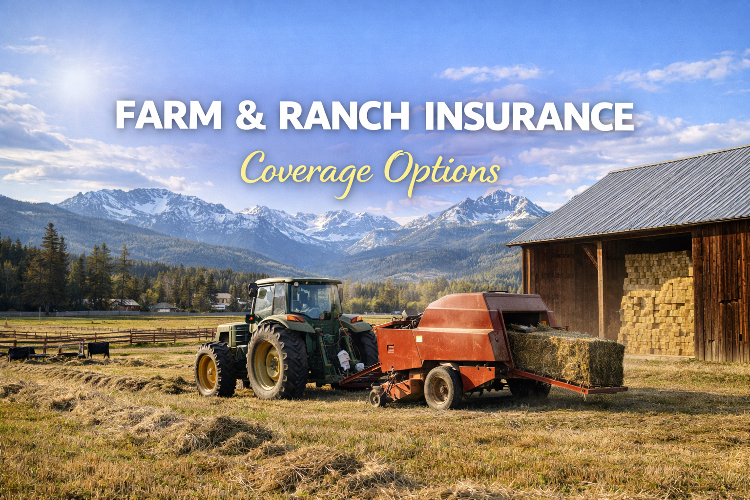 A farm scene with a tractor baling hay, wooden barn, mountains in the background, and a blue sky with clouds, promoting farm and ranch insurance coverage options.