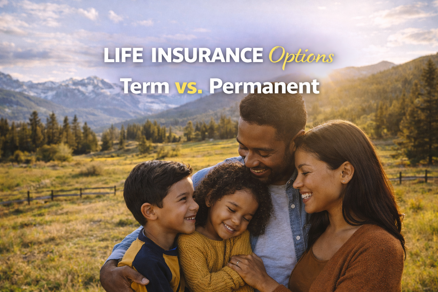 A happy family of four, with two children, embracing outdoors in a scenic mountain field during sunset, overlaid with text about life insurance options.