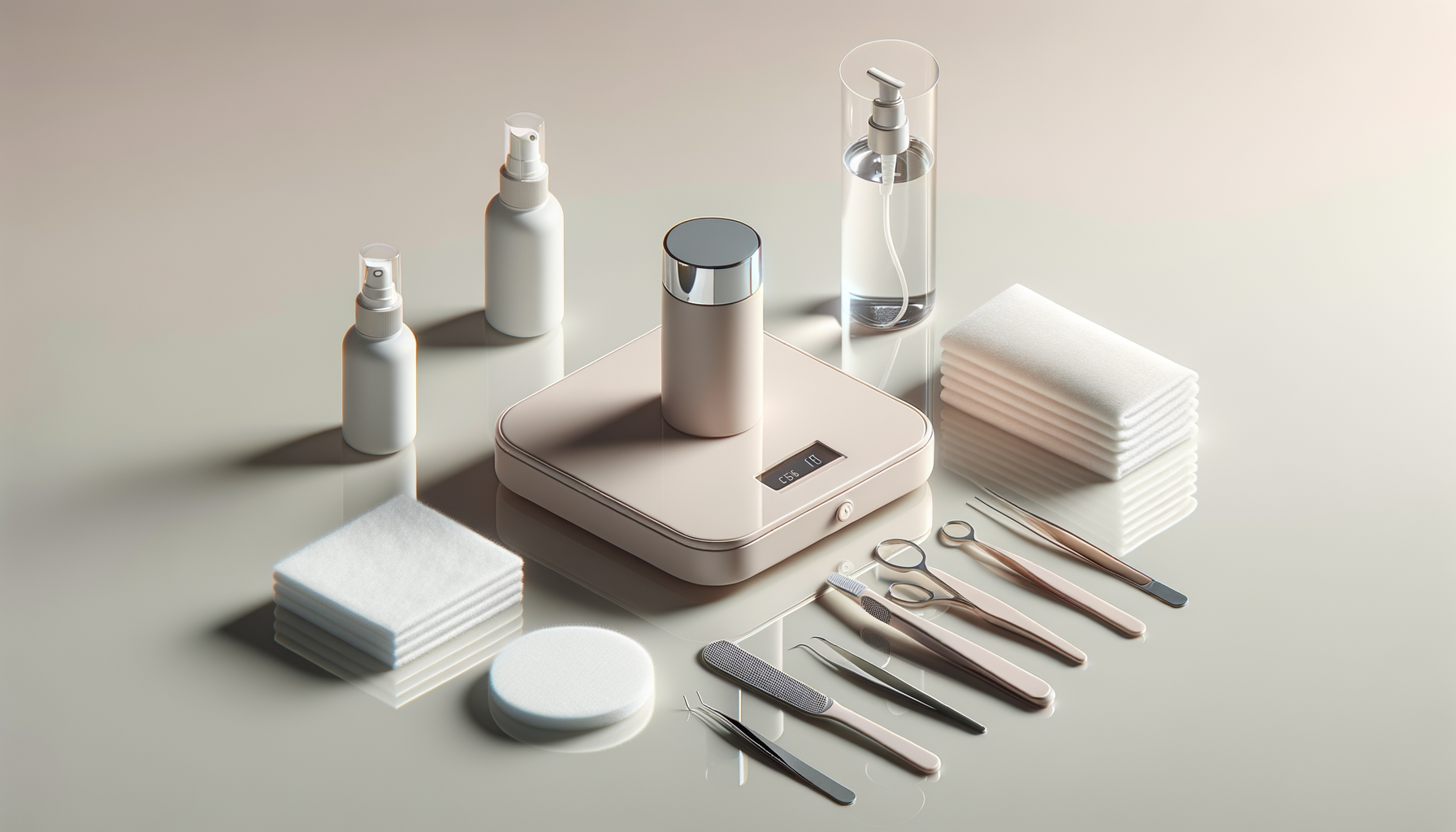 A collection of skincare and beauty tools including bottles, a scale, cotton pads, scissors, tweezers, and other grooming instruments arranged on a light surface.