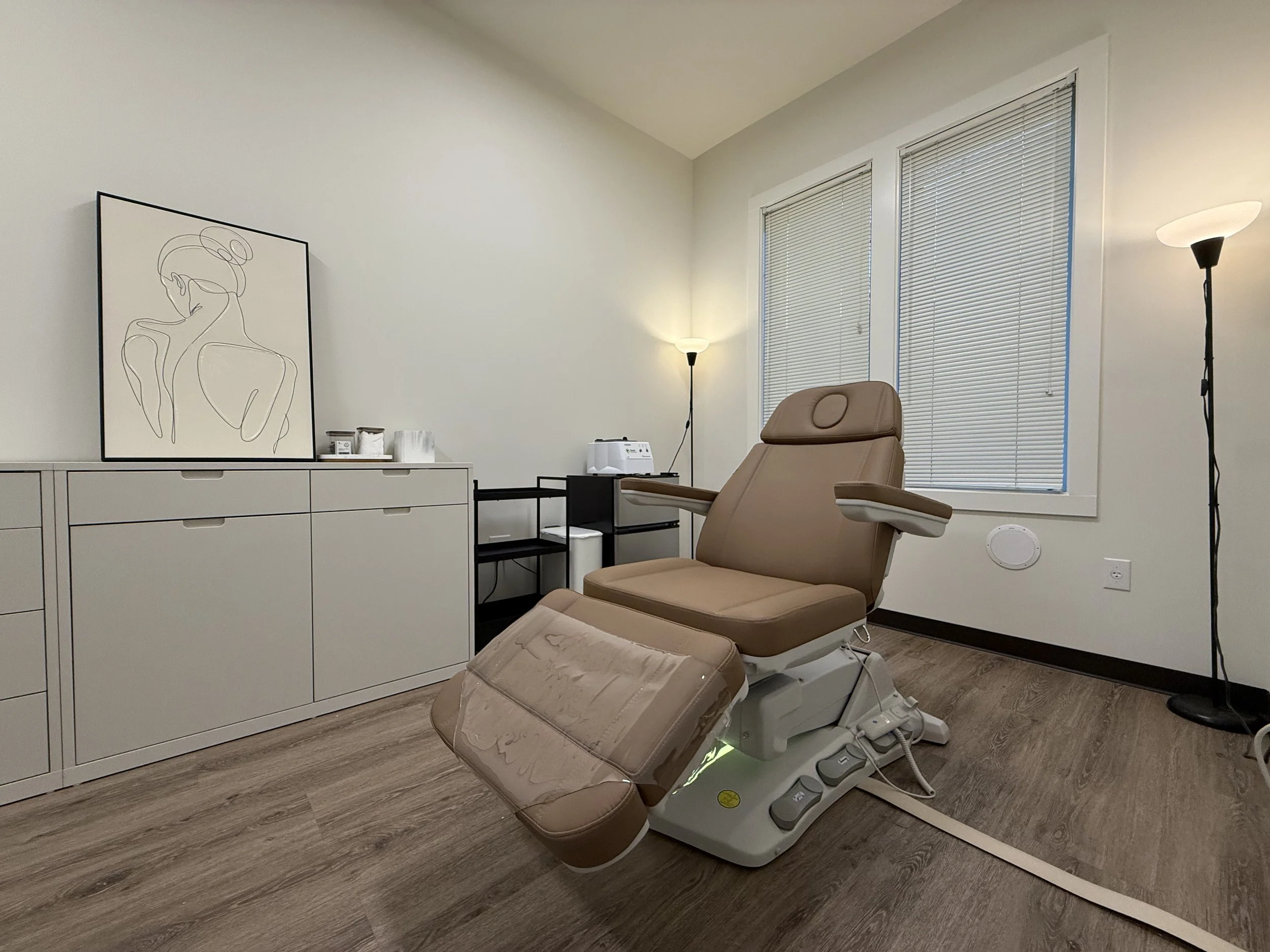 A medical examination room with a beige examination chair, a white cabinet, two standing lamps, and a framed line art portrait on the wall.