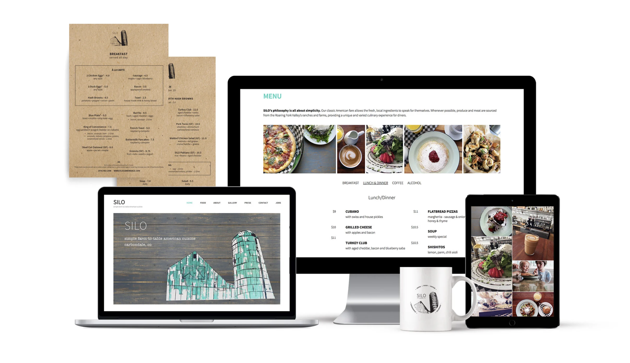 Multiple screens and printed materials display a restaurant's branding and menu, including a laptop with the restaurant's logo, a tablet with a food photo gallery, a desktop showing a menu page, and printed menus with food options.