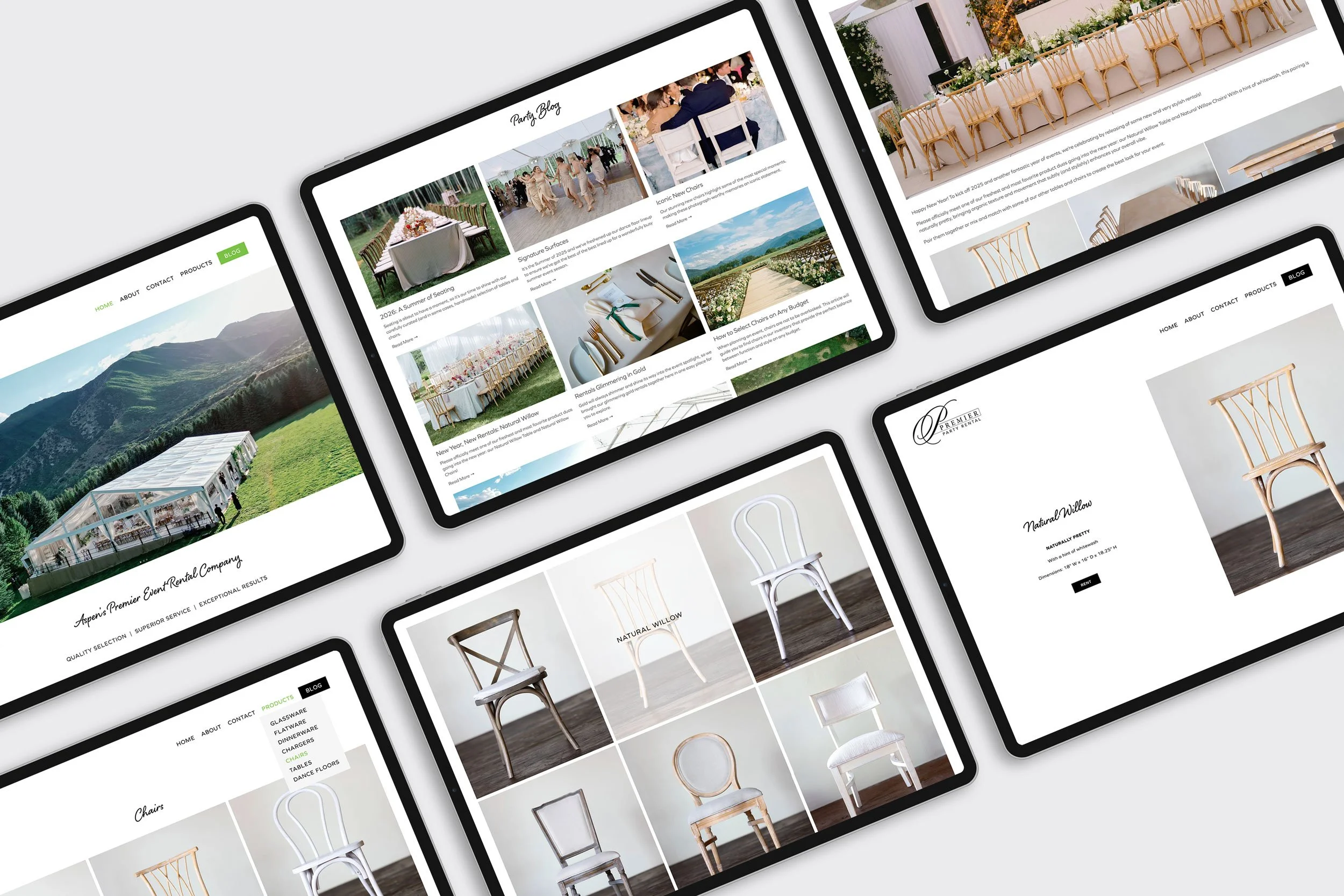 Multiple tablet screens displaying Premier Party Rental's website, showing the user journey on the website, from home page to blog to product page.