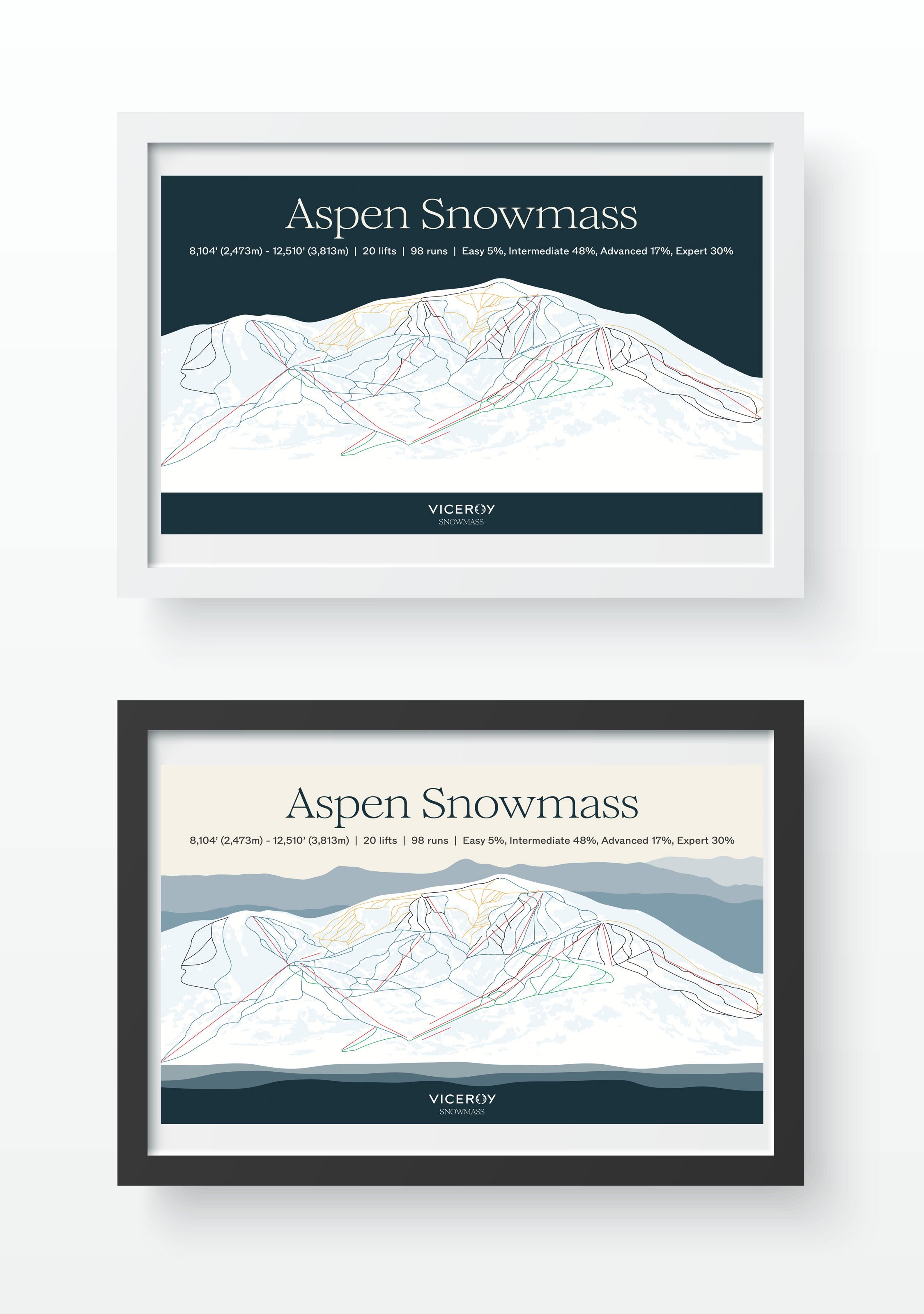 Two framed posters of a ski resort map titled Aspen Snowmass, showing ski trails, lifts, and terrain, with information about elevation, number of lifts and runs, and difficulty levels.