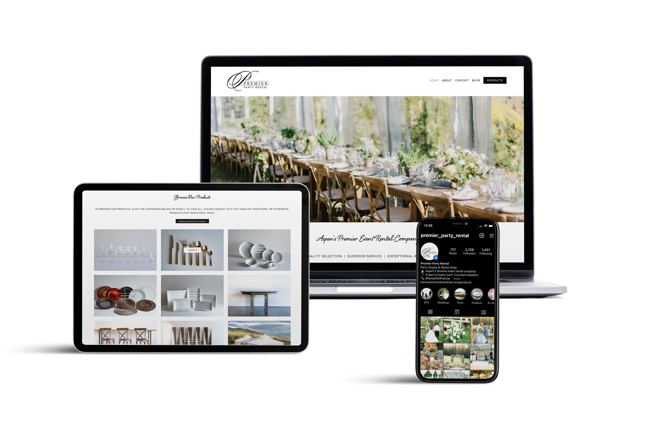 Devices displaying an event rental website, including a desktop computer, a tablet, and a smartphone, showing tables, chairs, and event decorations.