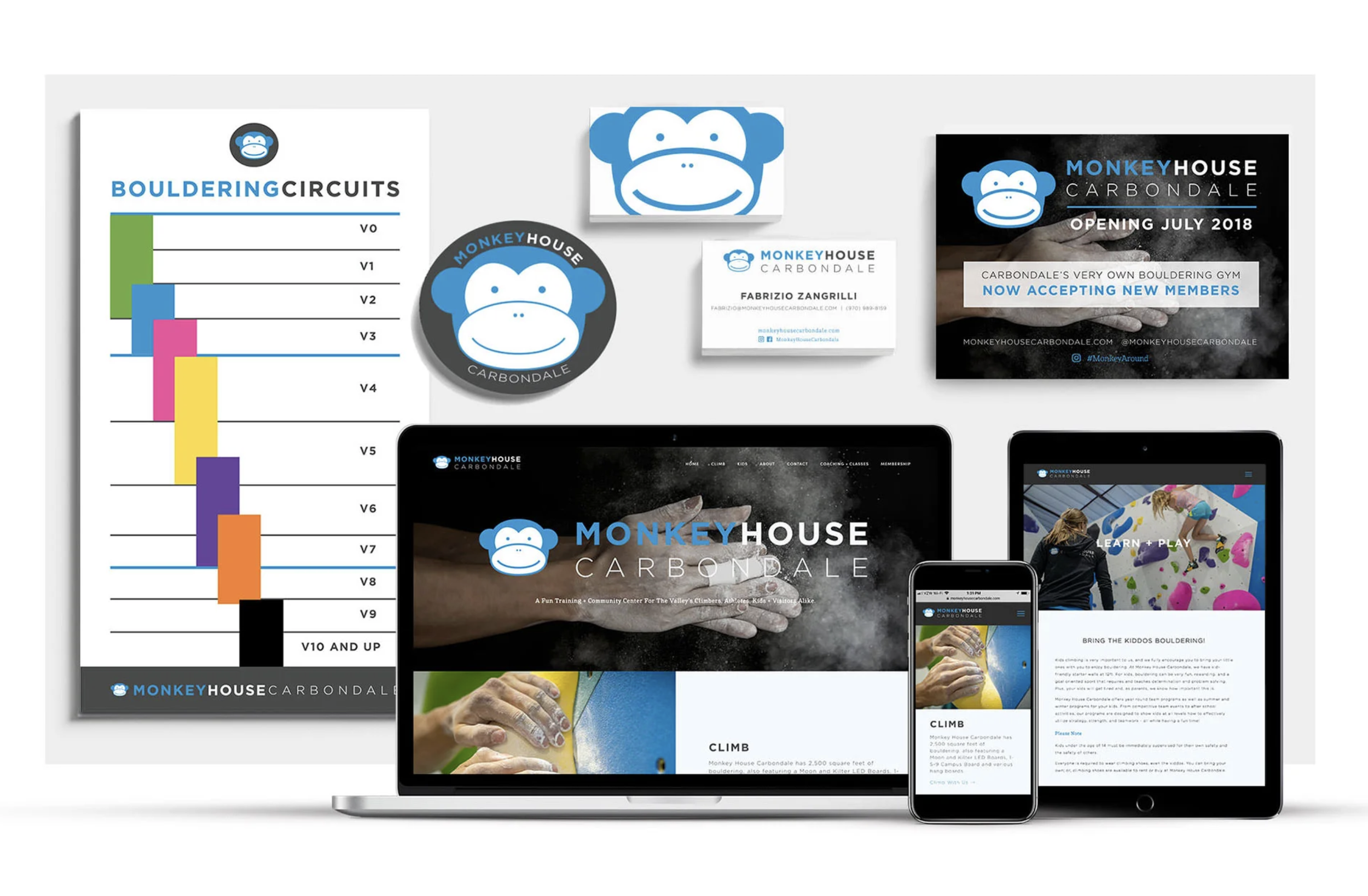 Collection of branding materials and digital devices featuring Monkey House Carbondale, including a logo, business cards, promotional poster, and website displayed on computers and phones.