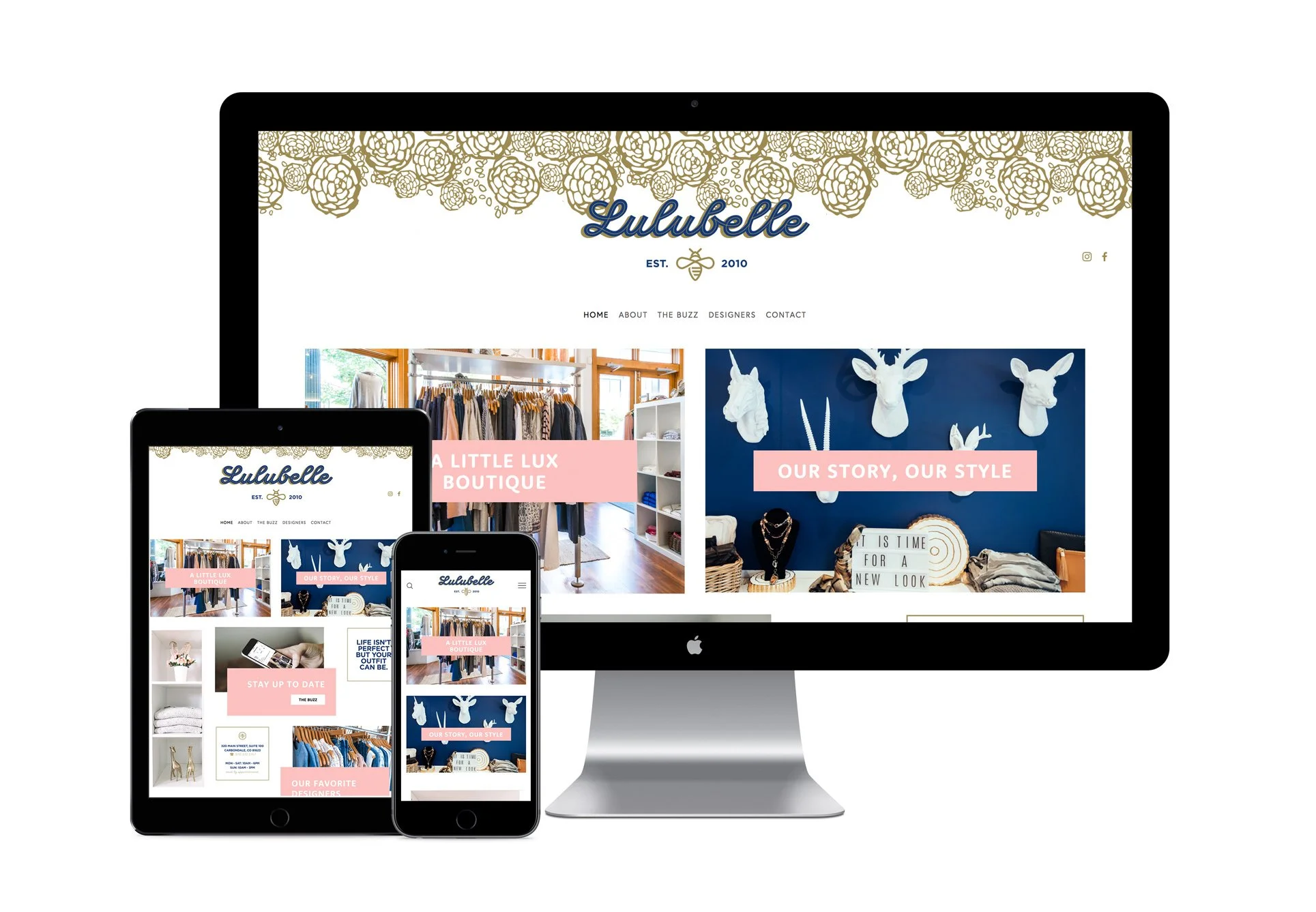 Website displaying a boutique called LuluBelle with a floral banner, images of clothing inside the boutique, and decorative wall art with animal heads on the screen of a desktop, tablet, and smartphone.
