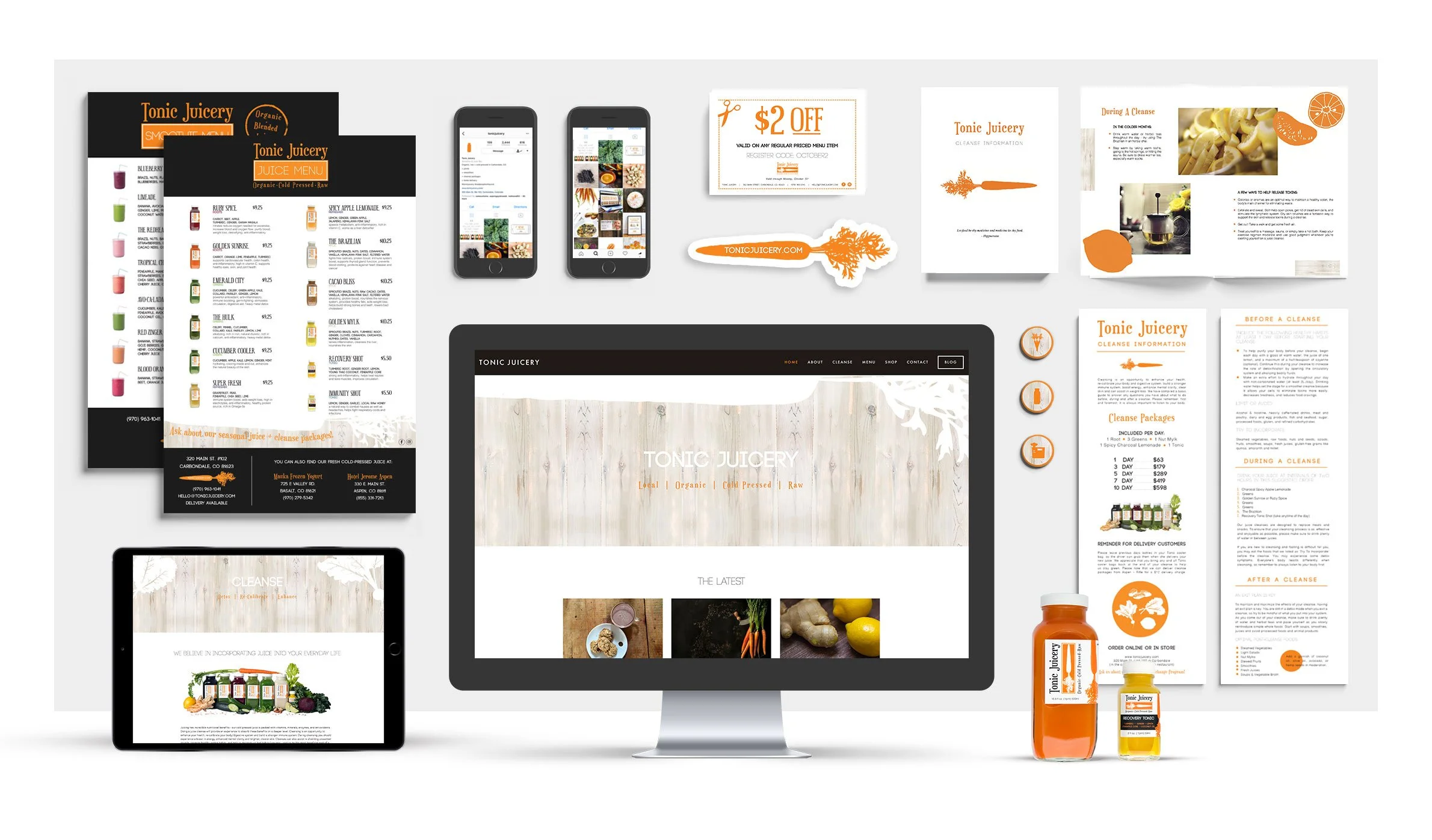 The image shows branding materials and digital screens for Tonic Juicery, a juice company focused on organic, cold-pressed, and raw juices. It includes printed menus, subscription coupons, informational flyers, a website on a desktop monitor and tabl