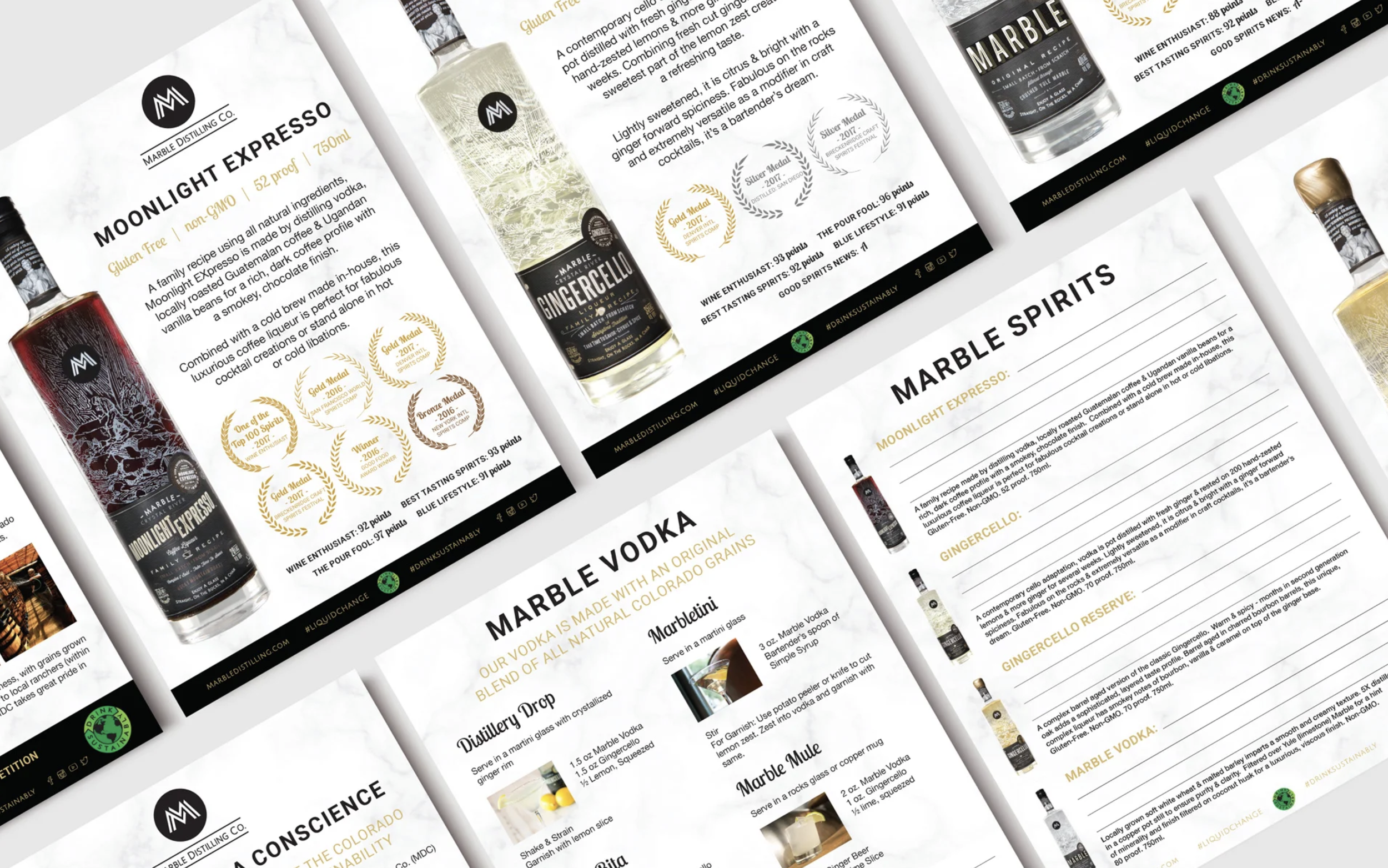 Multiple pages of a digital brochure or magazine displaying various alcoholic beverages, including Moonlight Expresso and Marble Vodka, with descriptions, awards, and images of the bottles on a marble-like background.