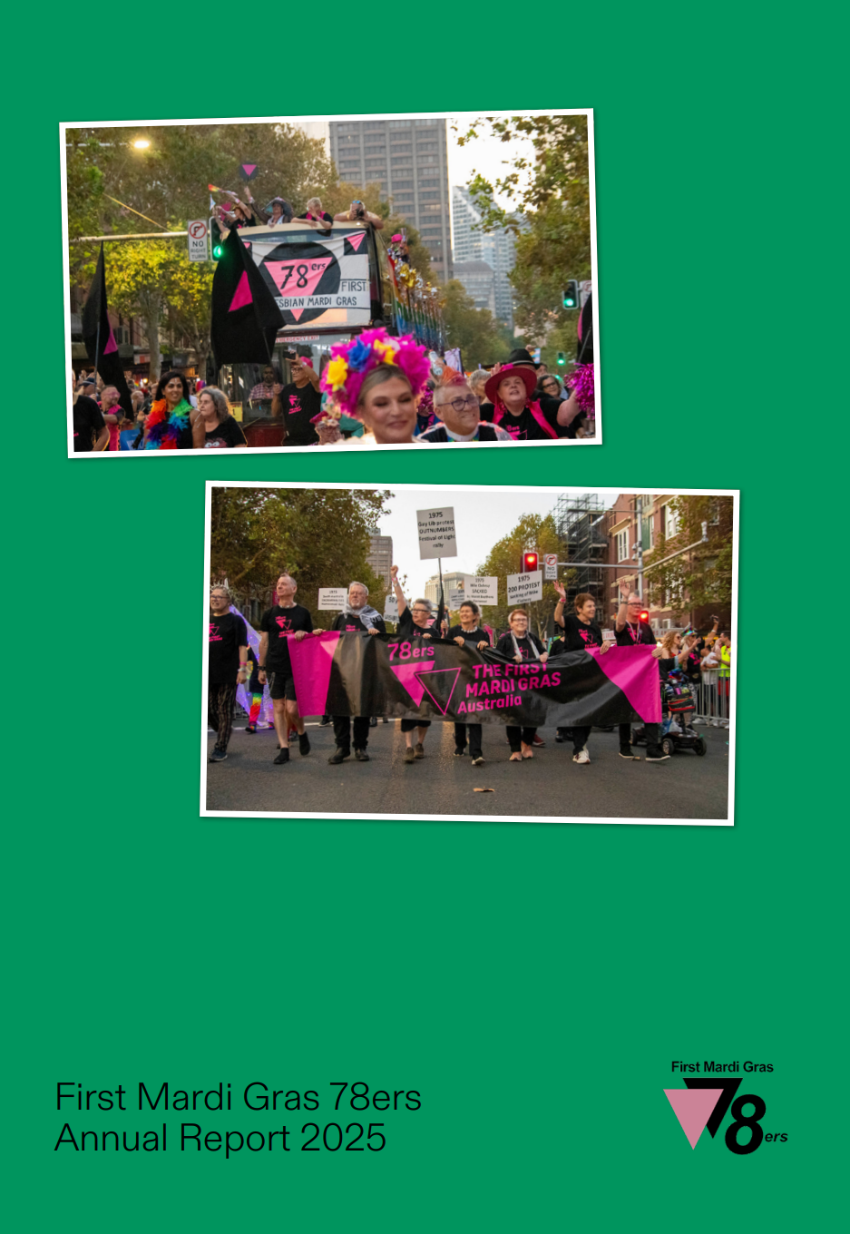 A parade celebrating Mardi Gras in Australia with participants marching and on a decorated float, holding banners and wearing colorful costumes and accessories.