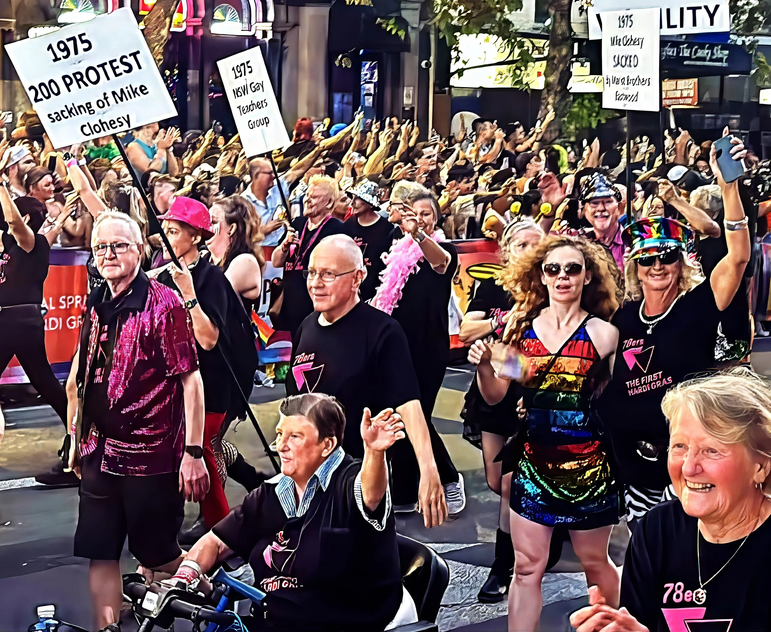 A large crowd of people participating in a pride parade, holding signs supporting LGBTQ+ rights and celebrating diversity. Many are dressed in colorful outfits, with some waving rainbow flags.