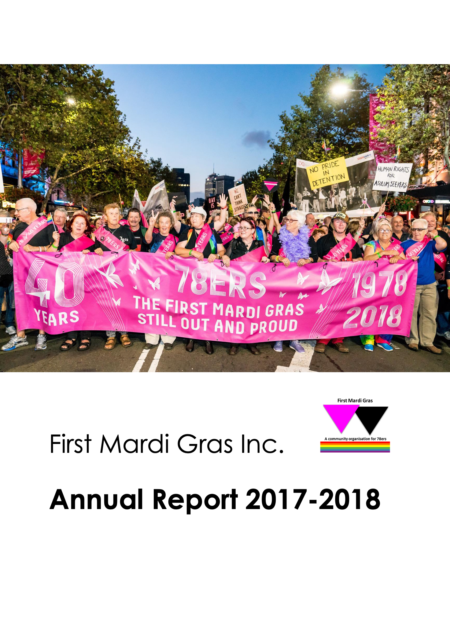 A group of diverse people marching in a pride parade holding a pink banner with text celebrating 40 years of Mardi Gras, with signs supporting human rights for asylum seekers and detentions, with city buildings and trees in the background.