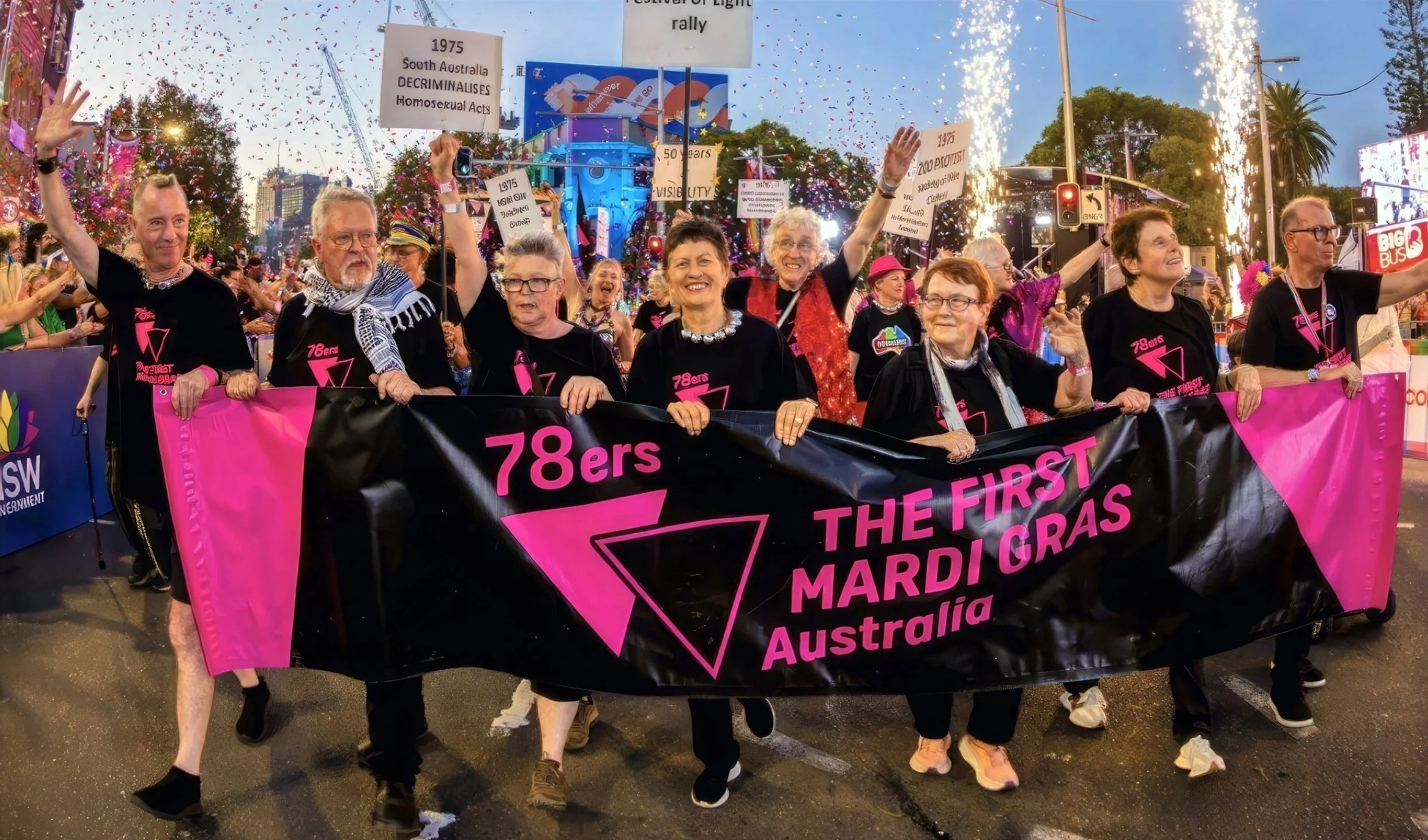 A diverse group of people celebrating at a pride parade, holding a large pink and black banner that reads '78ers the first Mardi Gras Australia.' They are smiling, with some raising their hands, while confetti falls around them, and colorful decorations and a crowd are visible in the background.