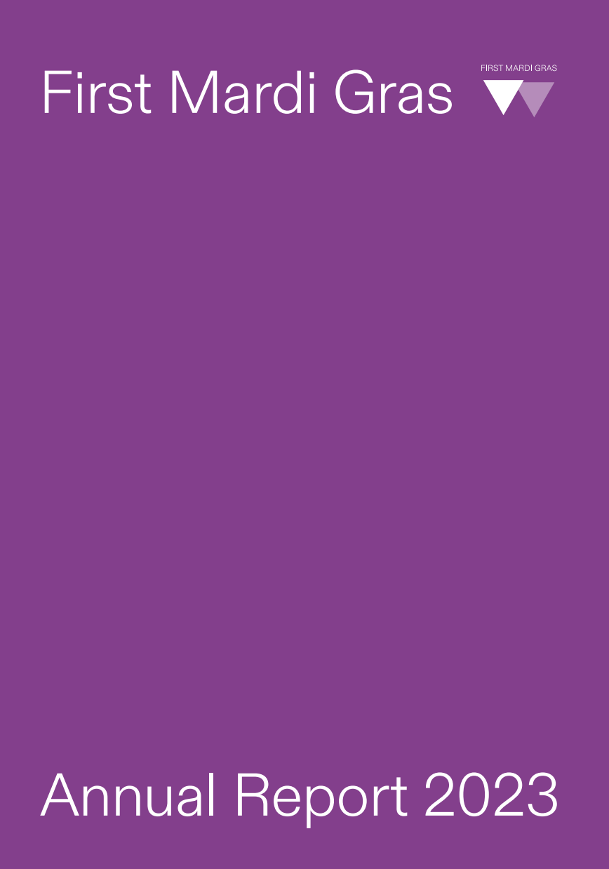 Cover page of an annual report for First Mardi Gras 2023, with a purple background and white text.