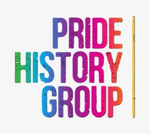 Colorful text reading "Pride History Group" with a vertical yellow line on the right side.